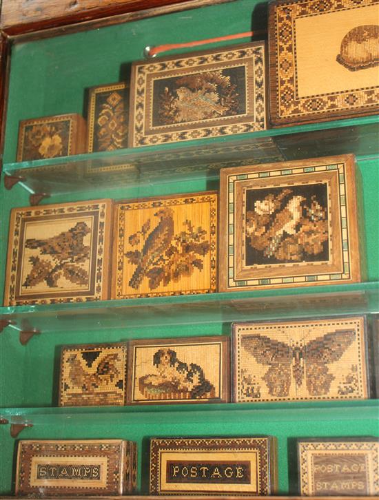 A collection of Tunbridge ware boxes, cabinet 24in.